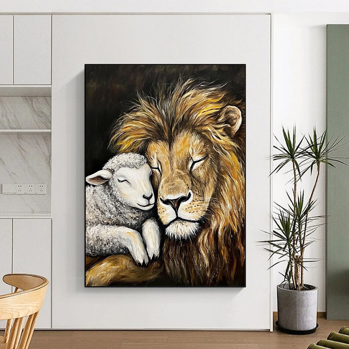 Contemporary abstract painting depicting a lion and lamb in peaceful slumber on a black canvas showcasing harmony and friendship. DLZ1300