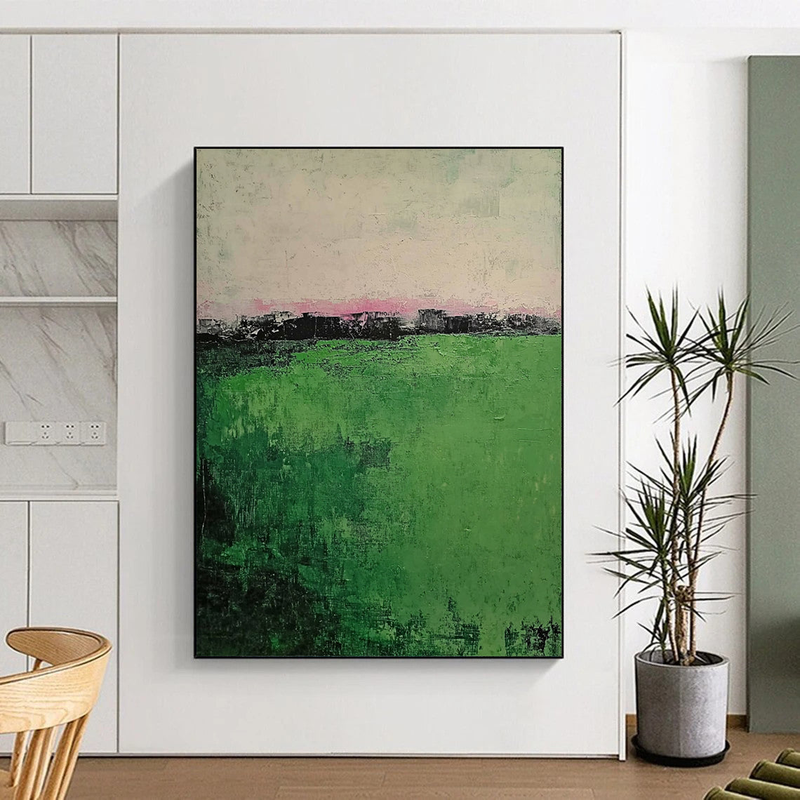 Contemporary abstract painting showcasing muted green grass foreground and a foggy village background featuring soft brush strokes on a textured canvas. DLZ0392