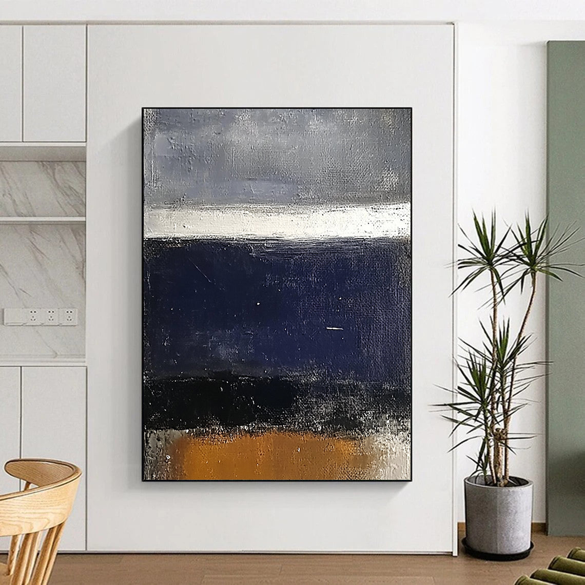 Contemporary hand-painted abstract art featuring a dark blue sea and grey sky with white and brown accents on a textured surface. DLZ0452