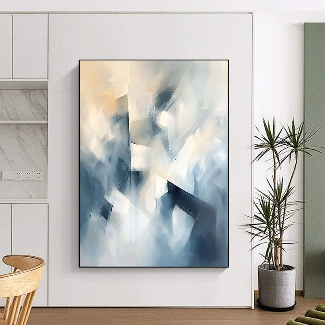 Contemporary abstract painting featuring soft shapes and forms in light blue and white with geometric elements and a dreamlike atmosphere. DLZ0643