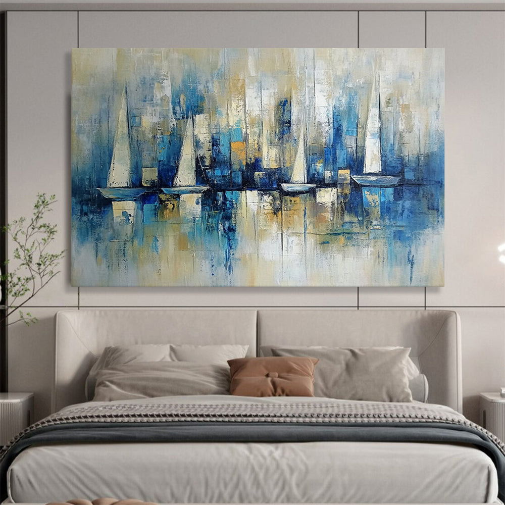 “Blue Sailboat Skyline” - Blue, Beige, White, Abstract Harbor - Impressionist Oil Painting HB1498