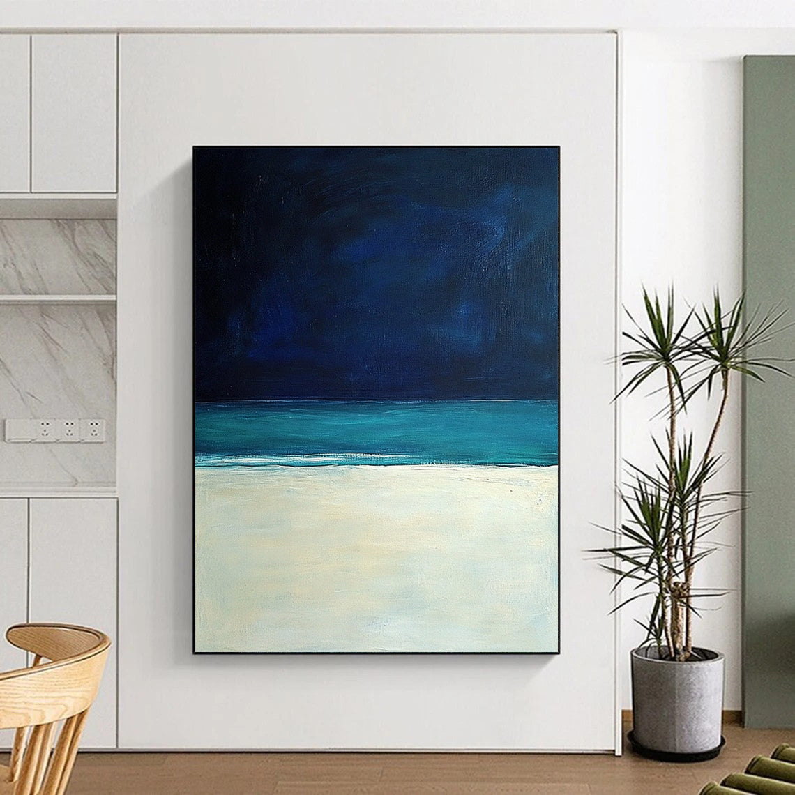 Contemporary hand-painted abstract art featuring a serene white sand beach under a dark blue sky, inspired by the style of Mark Rothko. DLZ0405