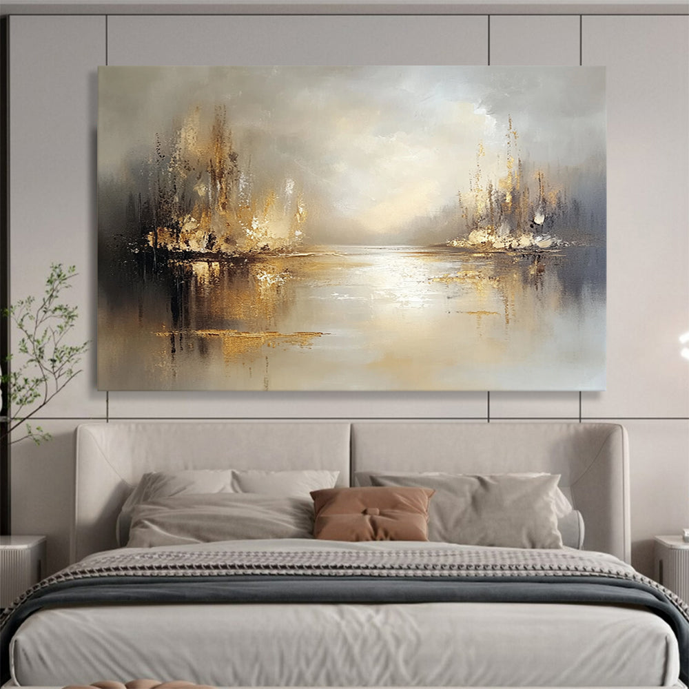 “Misty River with Golden Reflections” - Beige, Gold, Gray, Abstract Serene River Landscape Painting On Canvas HB1094