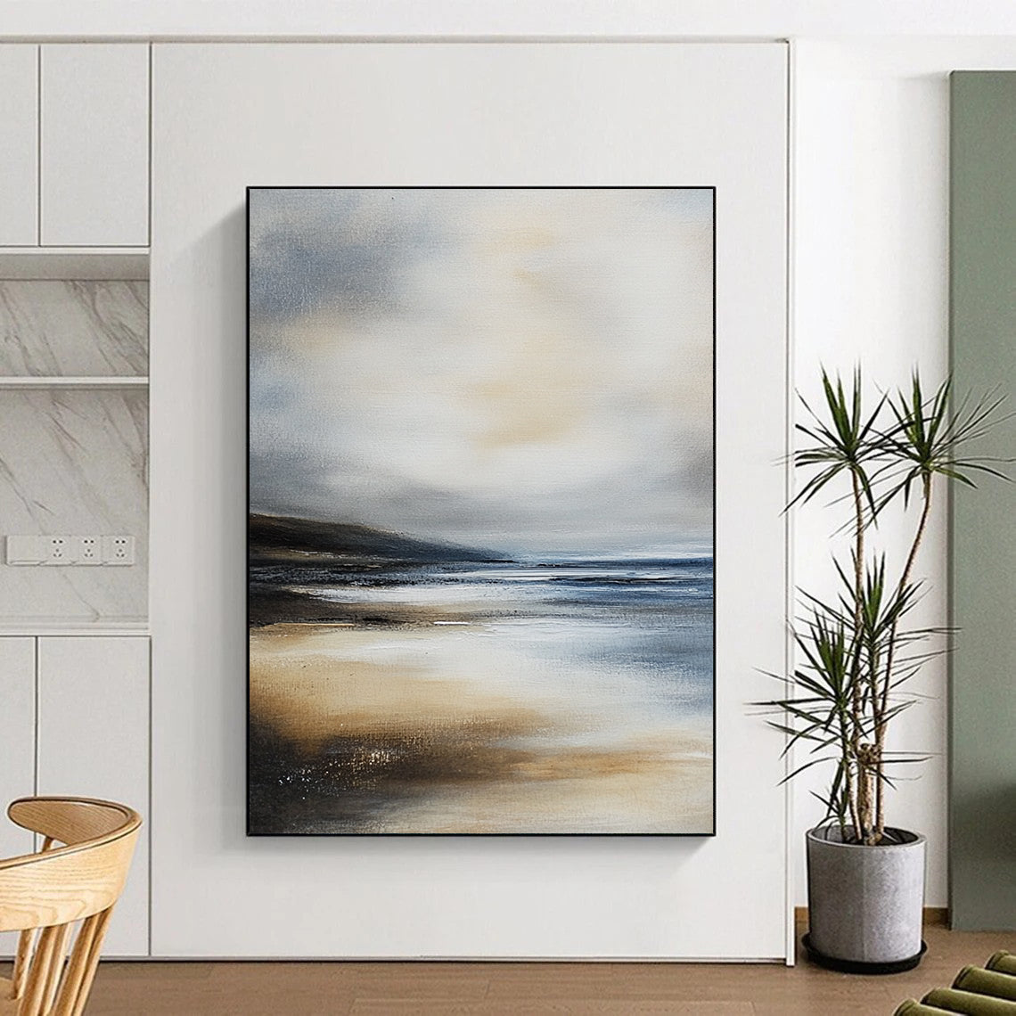 Contemporary hand-painted abstract art featuring a serene beach landscape with muted gray-blue and beige colors evoking tranquility and coastal essence. DLZ0283