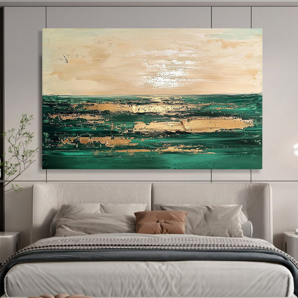 “Coastal Abstract with Gold” - Green, Gold, Coastal Landscape Painting On Canvas HB0888