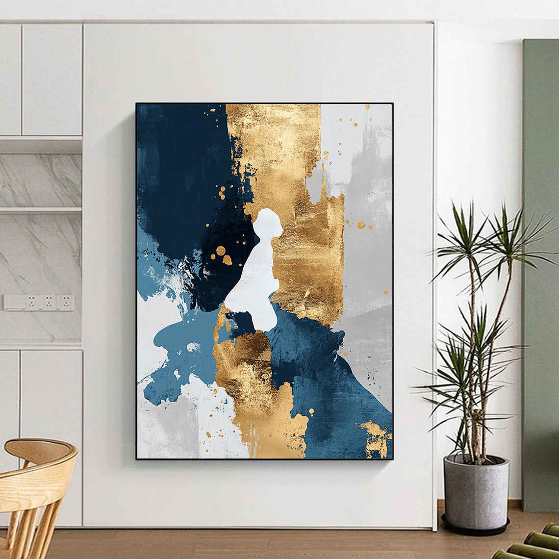 Contemporary hand-painted abstract artwork featuring gold blue and white tones with golden foil details in a minimalist modern style. DLZ0269