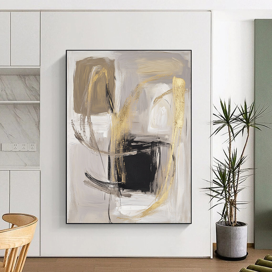 Contemporary abstract artwork featuring bold brush strokes in soft gray and beige with gold accents a minimalistic composition on a white background. DLZ0751