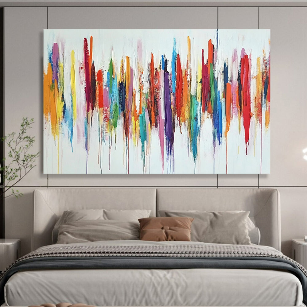“Color Cascade” - Rainbow - like reds, oranges, yellows, greens, blues, purples; Vertical, dripping color strokes; Abstract Expressionist Painting On Canvas HB1153