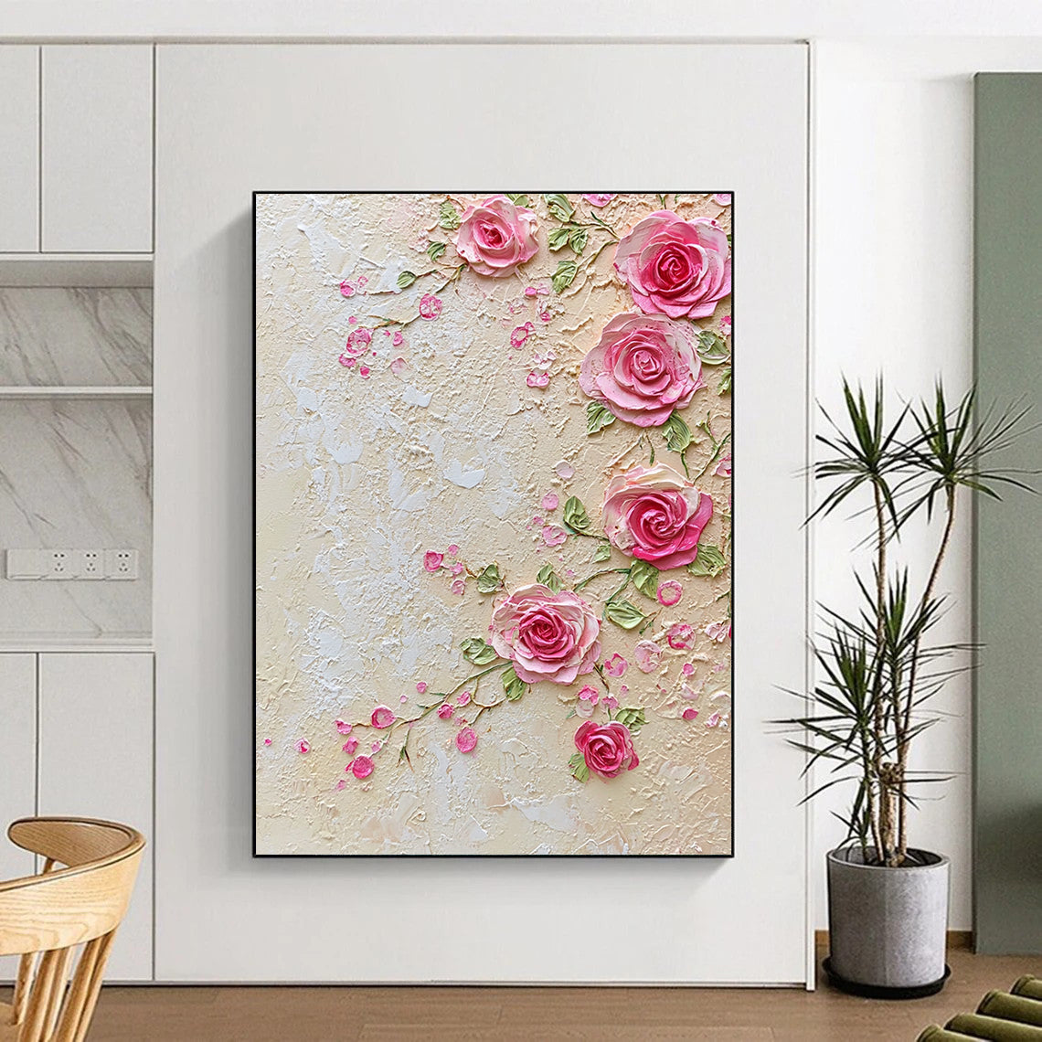 Contemporary handcrafted abstract art features delicate pink lace and roses with an elegant beige background of small flowers and greenery, exuding refined charm and sophistication. DLZ1247