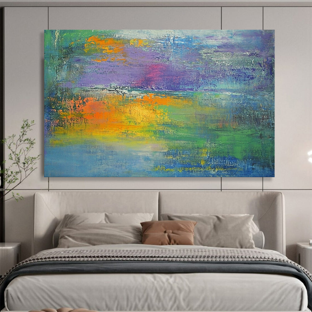 “Colorful Abstract Landscape” - Green, blue, purple, orange, yellow; Colorful abstract landscape with thick brushstrokes; Oil Painting On Canvas HB1275