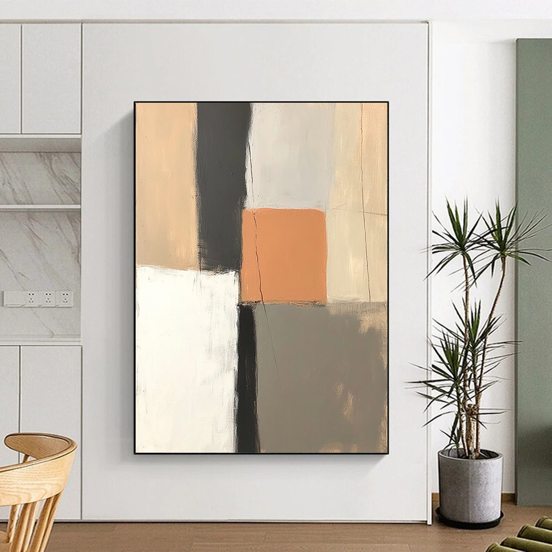 Contemporary hand-painted abstract artwork featuring muted pastel shades with an orange square and contrasting black line for a serene ambiance. DLZ1319