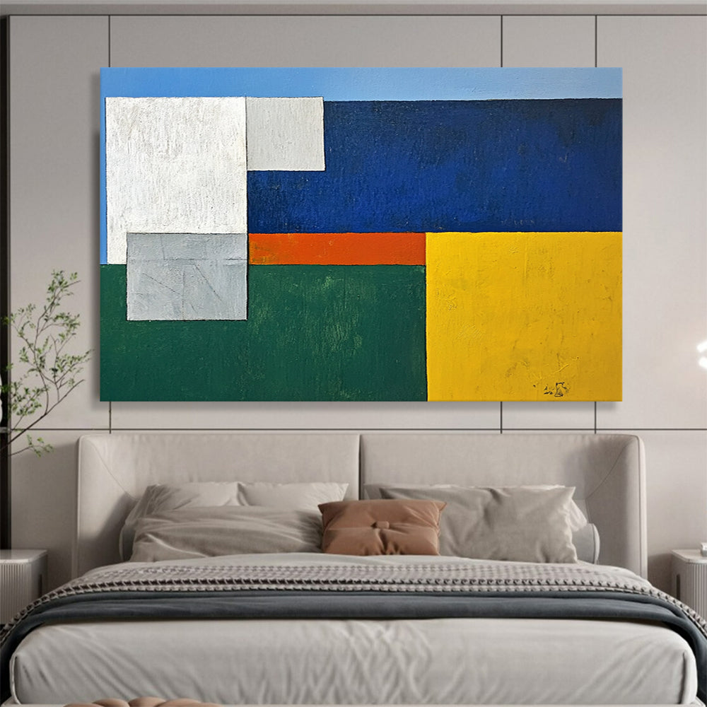 “Geometric Harmony” - Blue, White, Gray, Orange, Green, Color - Blocked Squares Painting On Canvas HB1050