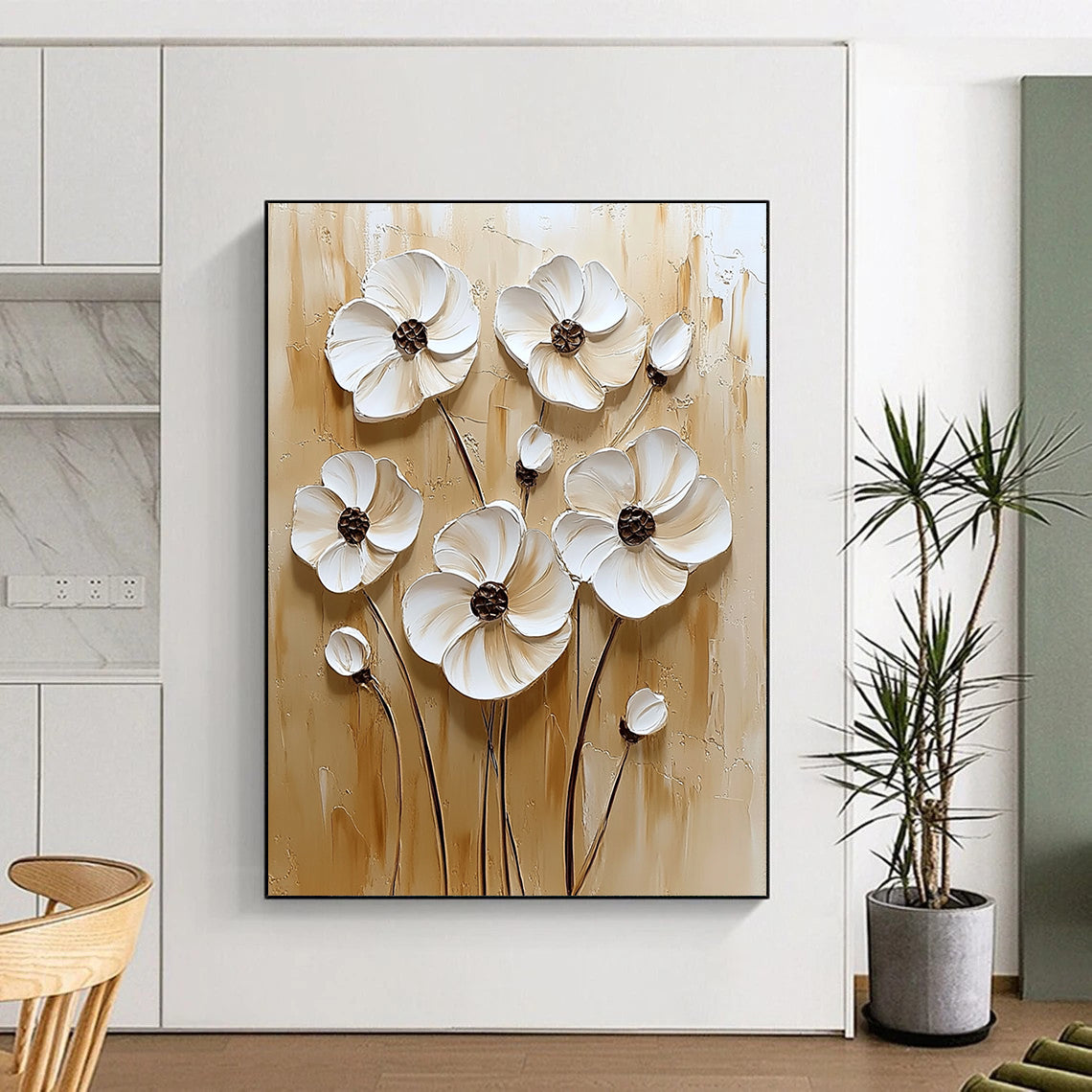 Contemporary hand-painted abstract art featuring textured white flowers on a calming beige background with an elegant neutral color palette. DLZ0262