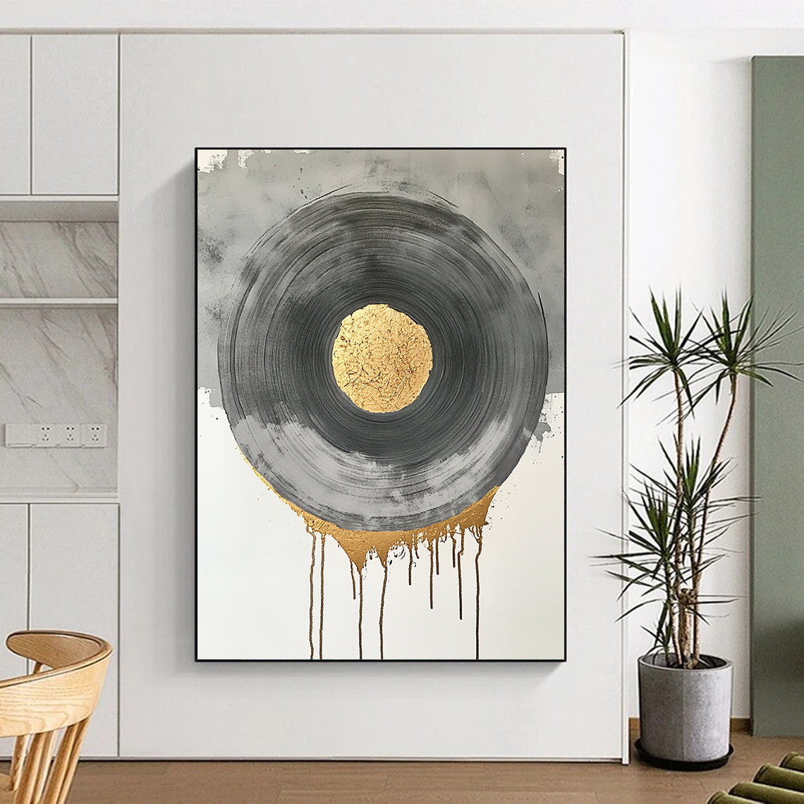 Black, Gray, Gold and Silver Geometric Circles "Harmonious Circles" Painting On Canvas HB384