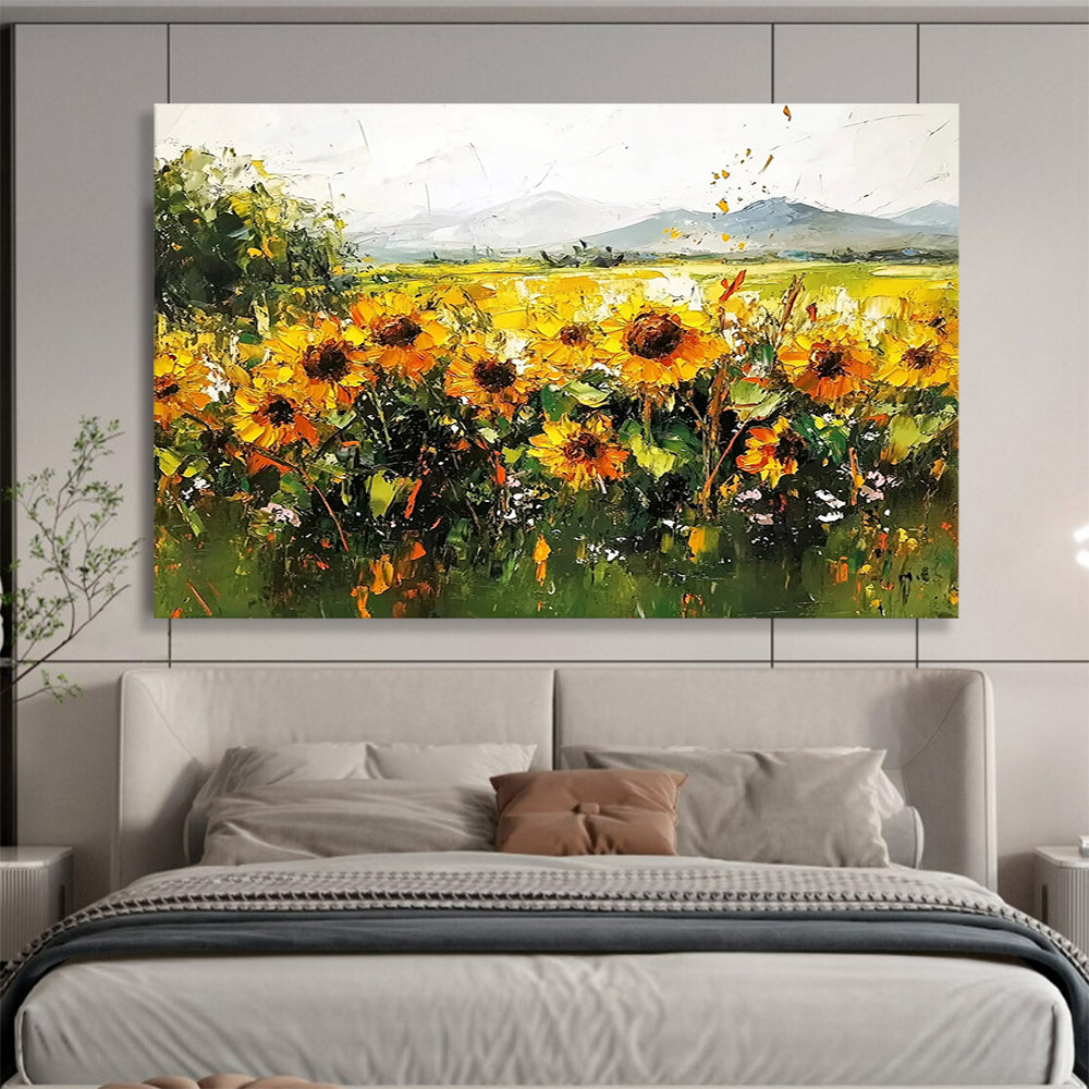 “Sunflower Field Impasto” - Thickly painted sunflowers in gold and green, Impasto Landscape Painting On Canvas HB0542
