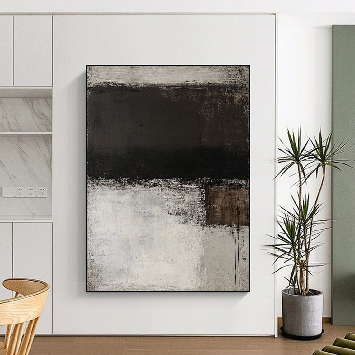 Contemporary hand-painted abstract art featuring a monochromatic white and grey palette with dark brown stripes and rich textured brush strokes on wood panel. DLZ1079