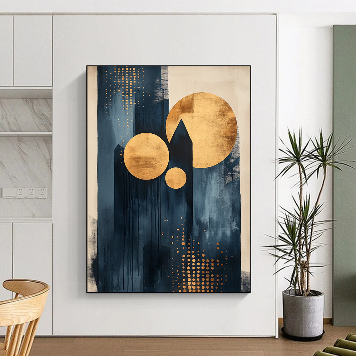 Contemporary abstract artwork featuring dots and lines with black ink light indigo tones and gold accents on canvas texture. DLZ0854