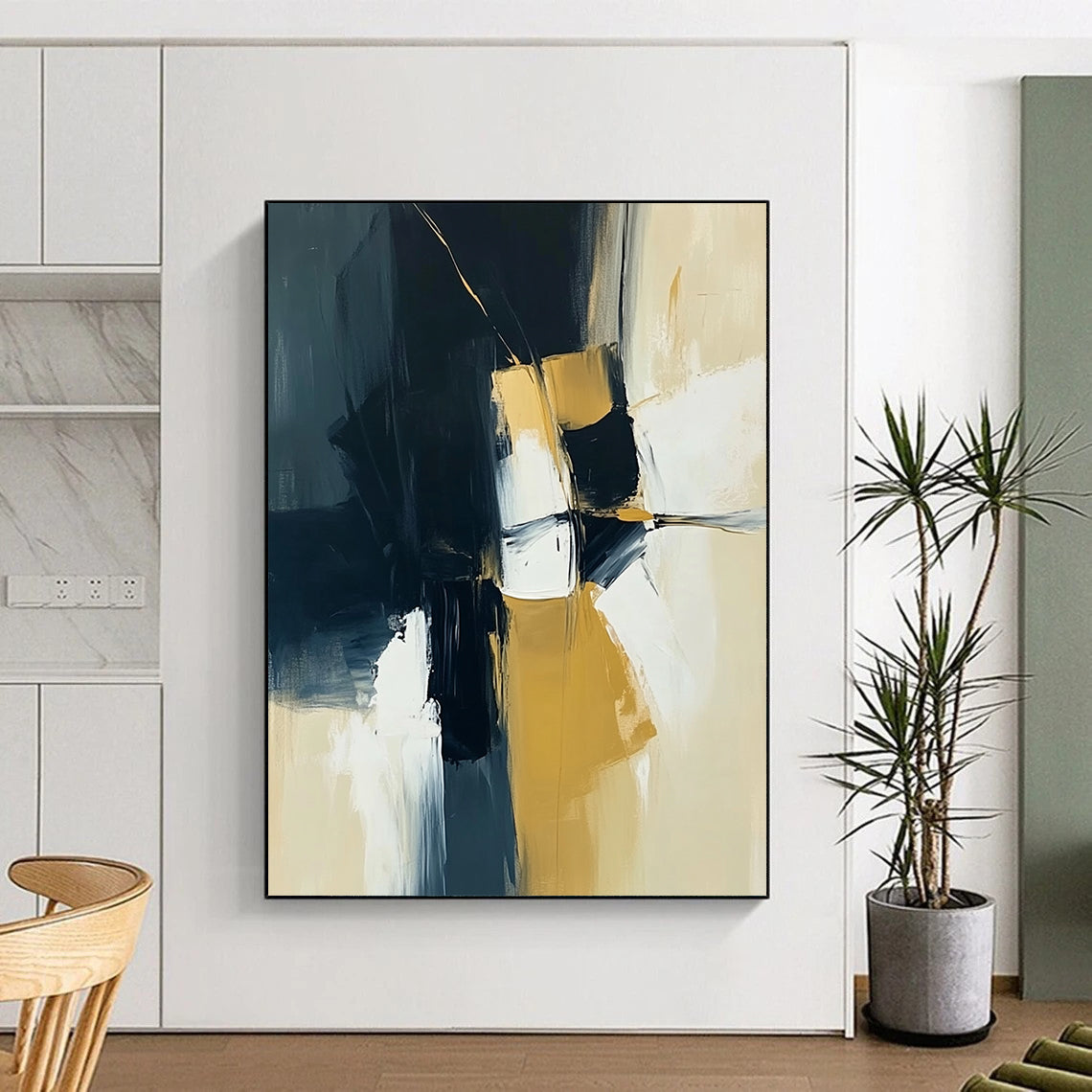 Contemporary hand-painted abstract art in navy blue, yellow, and white, showcasing dynamic textures and evoking emotional depth. DLZ0935