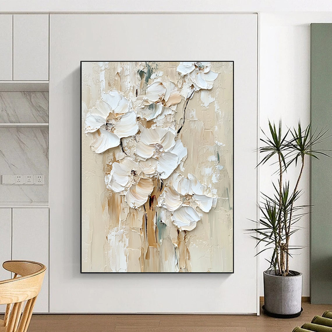 Contemporary large hand-painted abstract artwork featuring impasto white flowers in a soothing palette of neutral colors and tones. DLZ0672