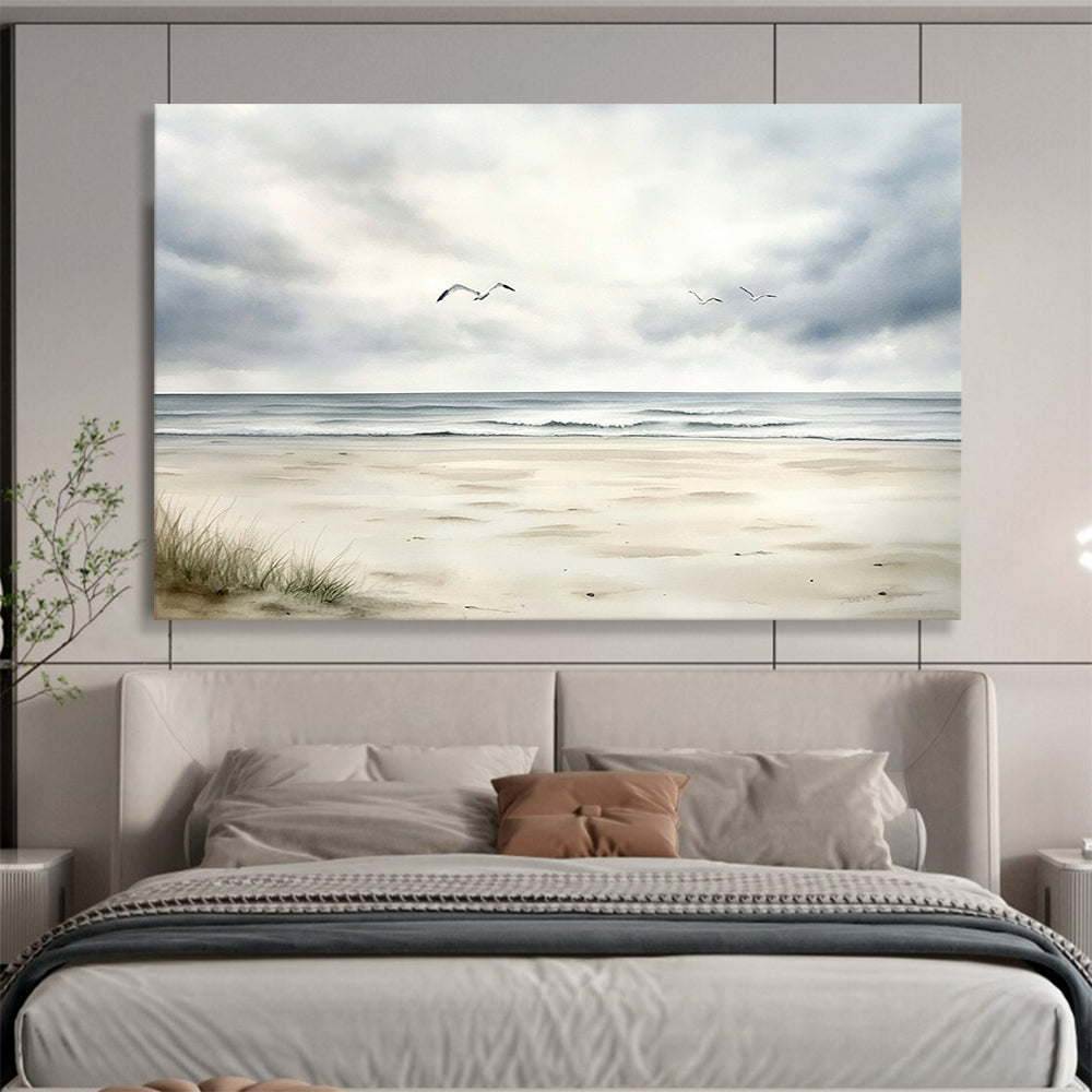 “Seagulls Over Calm Beach” - Gray, White, Serene Seaside Watercolor On Canvas HB0697