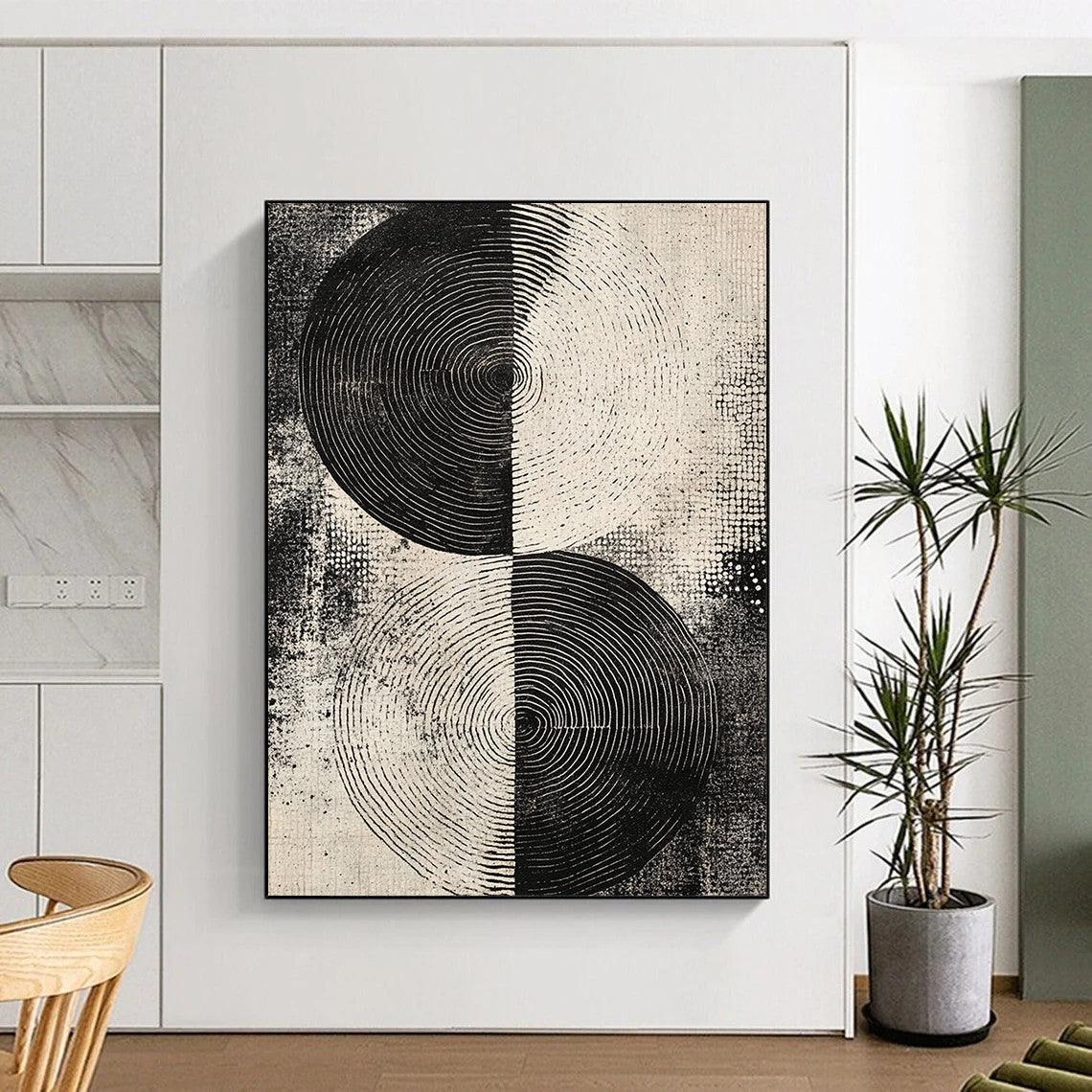 Black and White Split Circles "Dual Rhythm" Painting On Canvas HB253