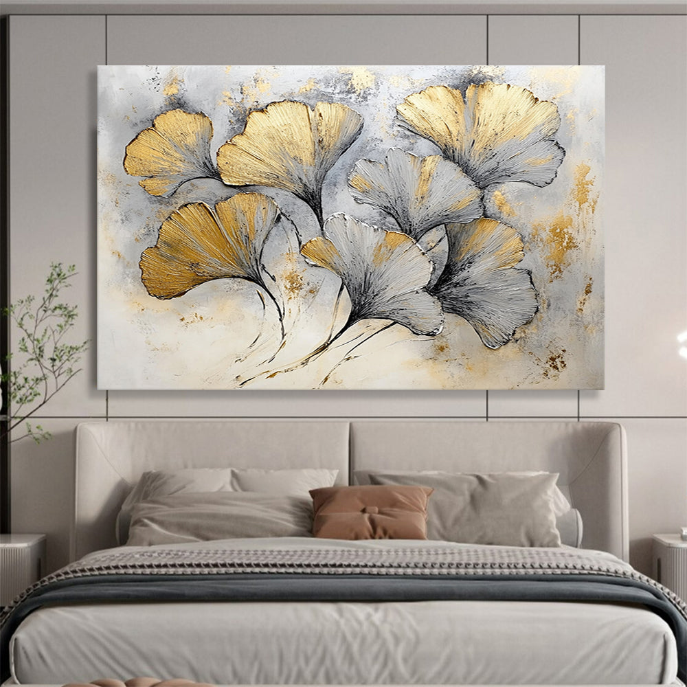 “Gilded Ginkgo Leaves” - Gold, Silver, Gray - Textured Botanical Gilded - Acrylic Painting HB1327