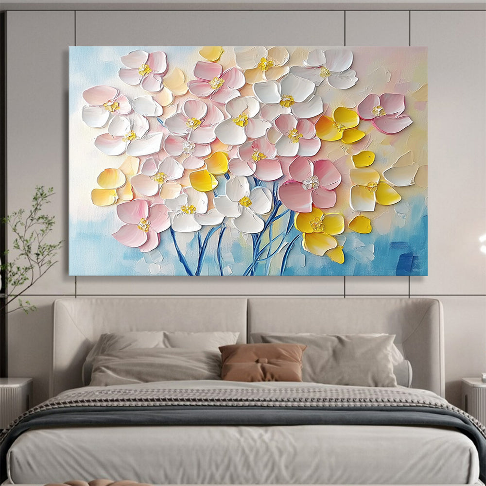 “3D Floral Burst” - Soft pinks, whites, yellows, blues; Textured, raised flower blooms; Impasto Floral Painting On Canvas HB1156