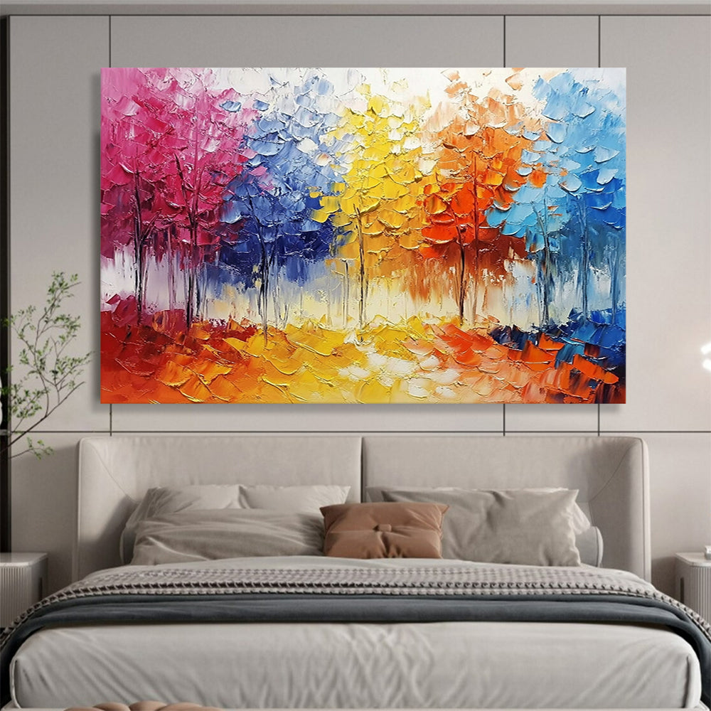 “Colorful Textured Forest” - Colorful Palette, Textured Tree Landscape Painting On Canvas HB0856