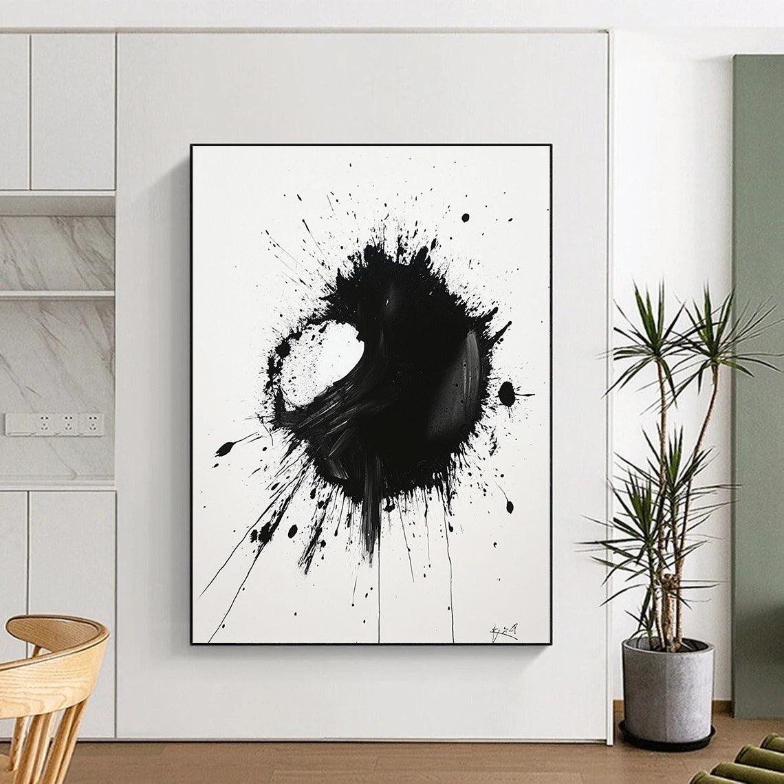 Black Asymmetric Splatter on White - “Unbalanced Ink Drama” Painting On Canvas HB219