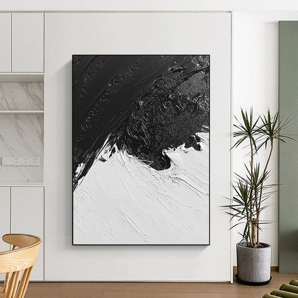 Contemporary abstract oil painting features a snowy landscape in black and white inspired by classic artistry, capturing a unique aerial perspective. DLZ0298