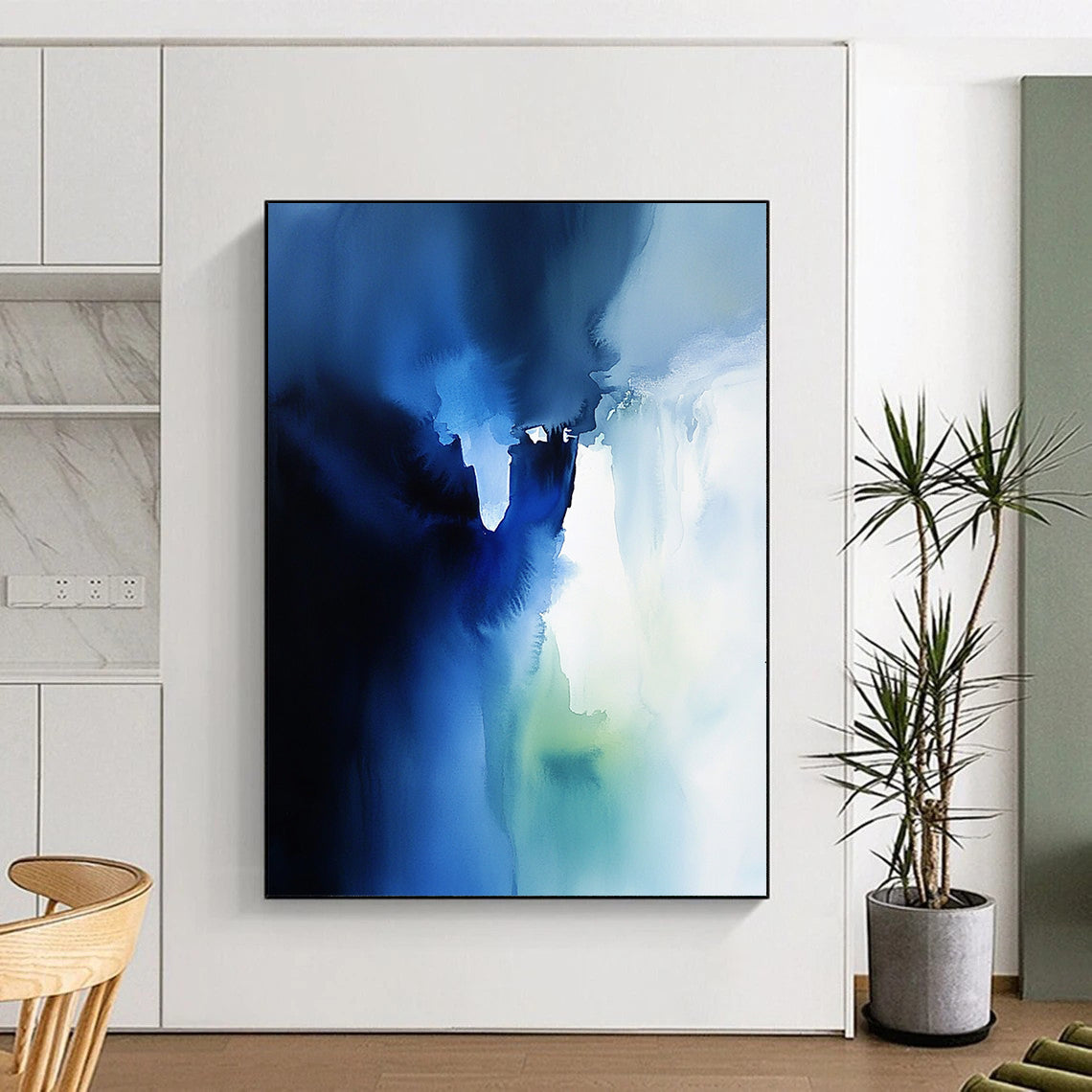 Contemporary abstract watercolor artwork featuring an ethereal ice wall in blue and white with translucent layers and sky-blue shadows. DLZ1081