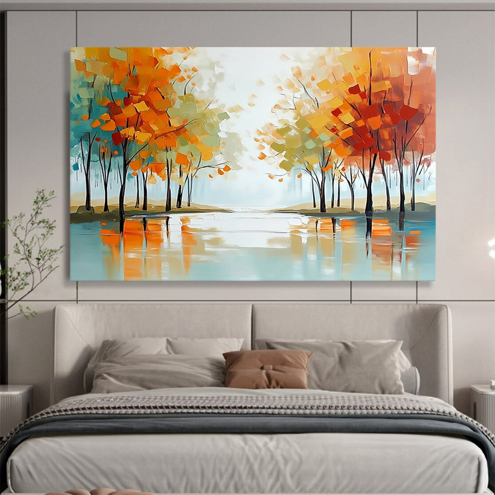 Abstract Autumn Trees Reflecting in Water - Modern Landscape Painting On Canvas HB0455