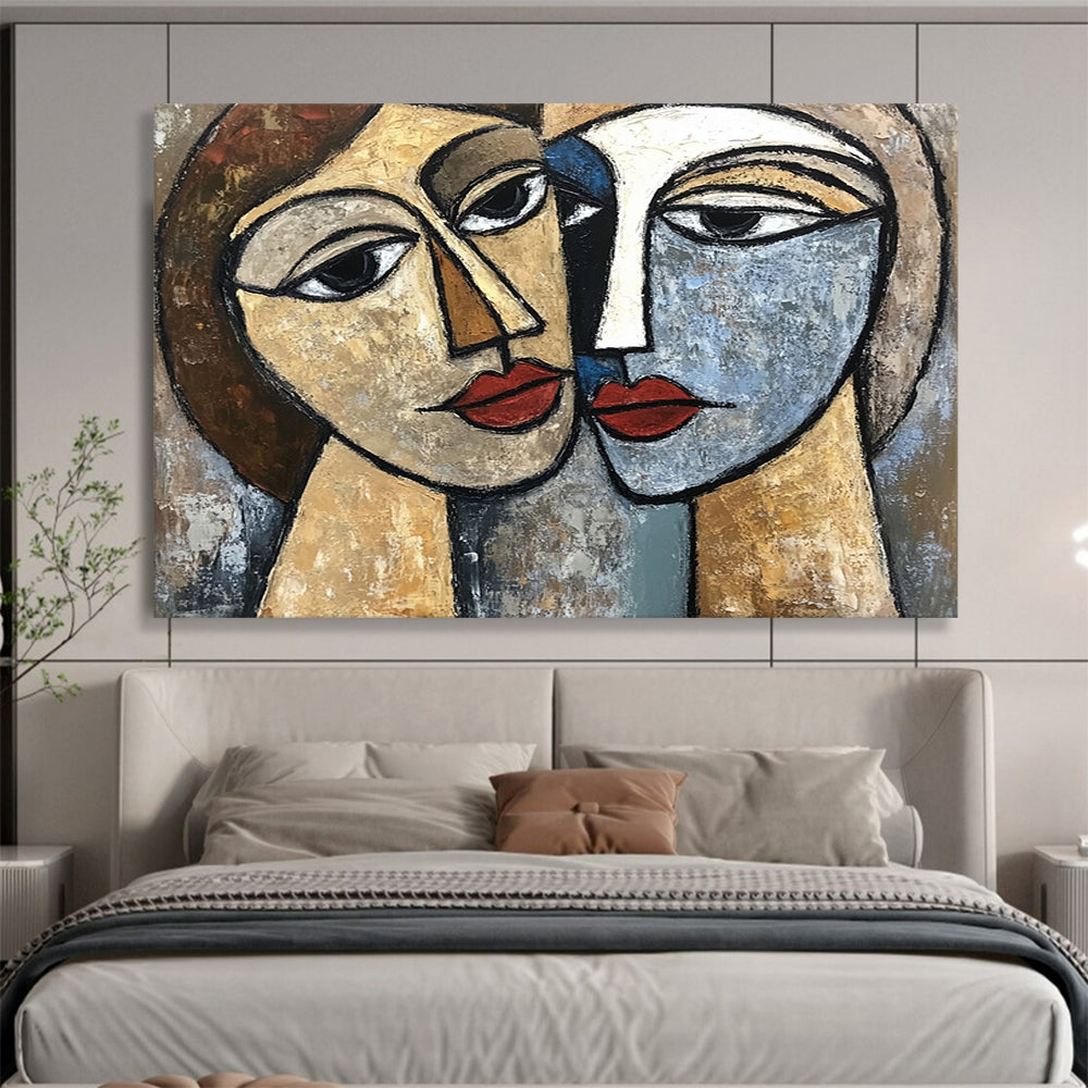 “Two Faces In Cubism” - Beige, Blue, Brown, Cubist Figurative Painting On Canvas HB0681