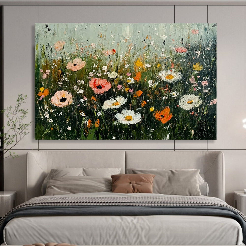 “Wildflower Meadow Impasto” - Colorful wildflowers in pink, white, orange, Impasto Floral Painting On Canvas HB0545