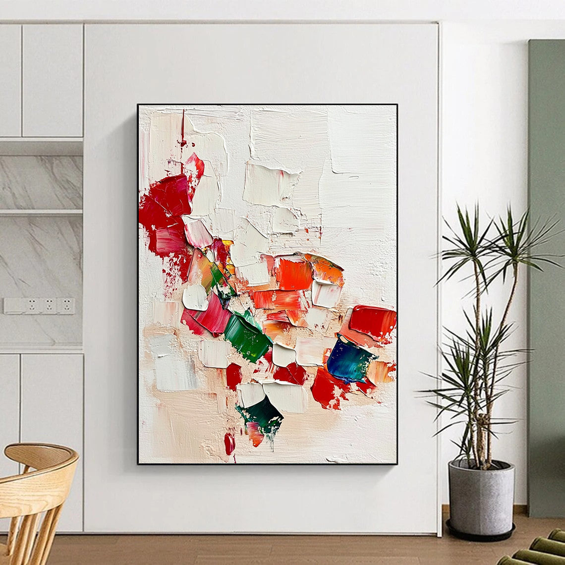 Contemporary hand-painted abstract artwork featuring vibrant reds and greens on a textured white background inspired by Jean-Léon Gérôme. DLZ0574