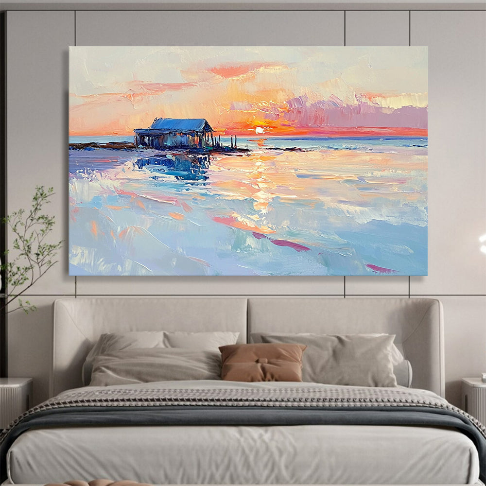 “Sunset Shack by Sea” - Pinks, Oranges, Blues, Coastal Shack - Impasto Oil Painting HB1592