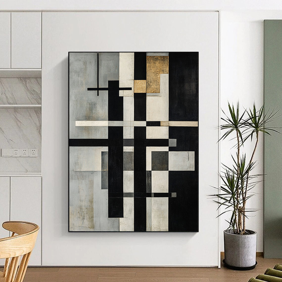 Gray, White, Black, Gold with Intersecting Lines "Structured Harmony" Abstract Painting On Canvas HB012