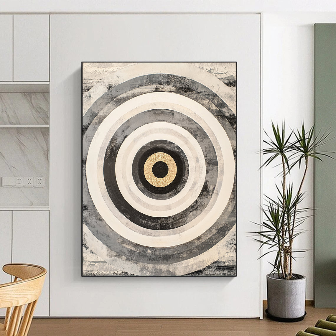 Black, White, Gray and Gold Concentric Circles "Subtle Vortex" Painting On Canvas HB382