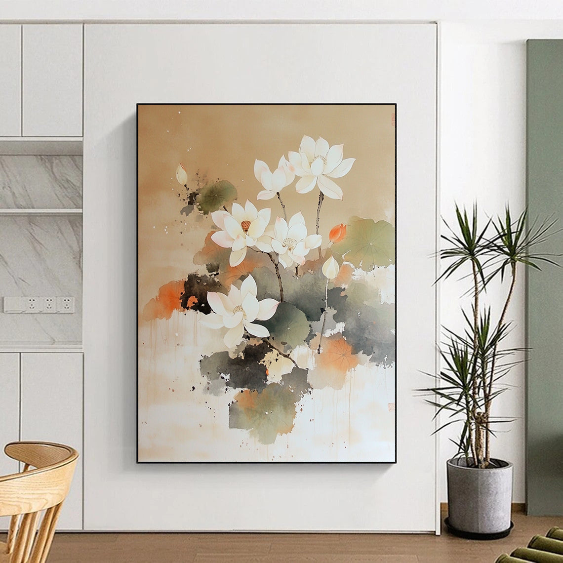 Contemporary hand-painted abstract artwork featuring a white lotus tree blooming on a soft brown background with delicate brushstrokes and ethereal watercolor techniques. DLZ1415
