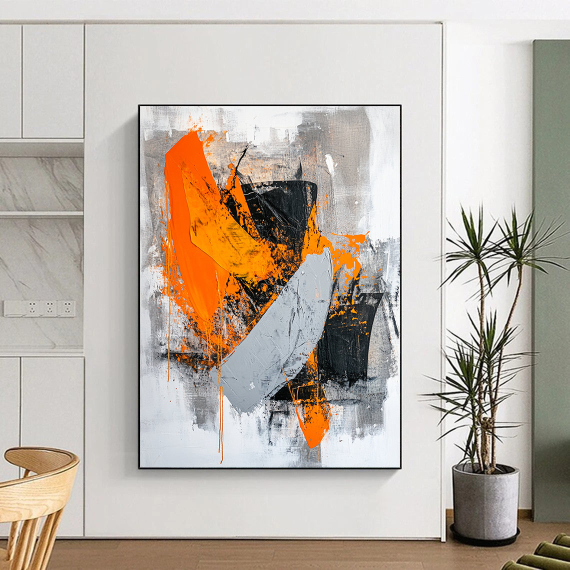 Black, Gray, Orange and White Bold Brushstrokes "Fiery Passion" Painting On Canvas HB329