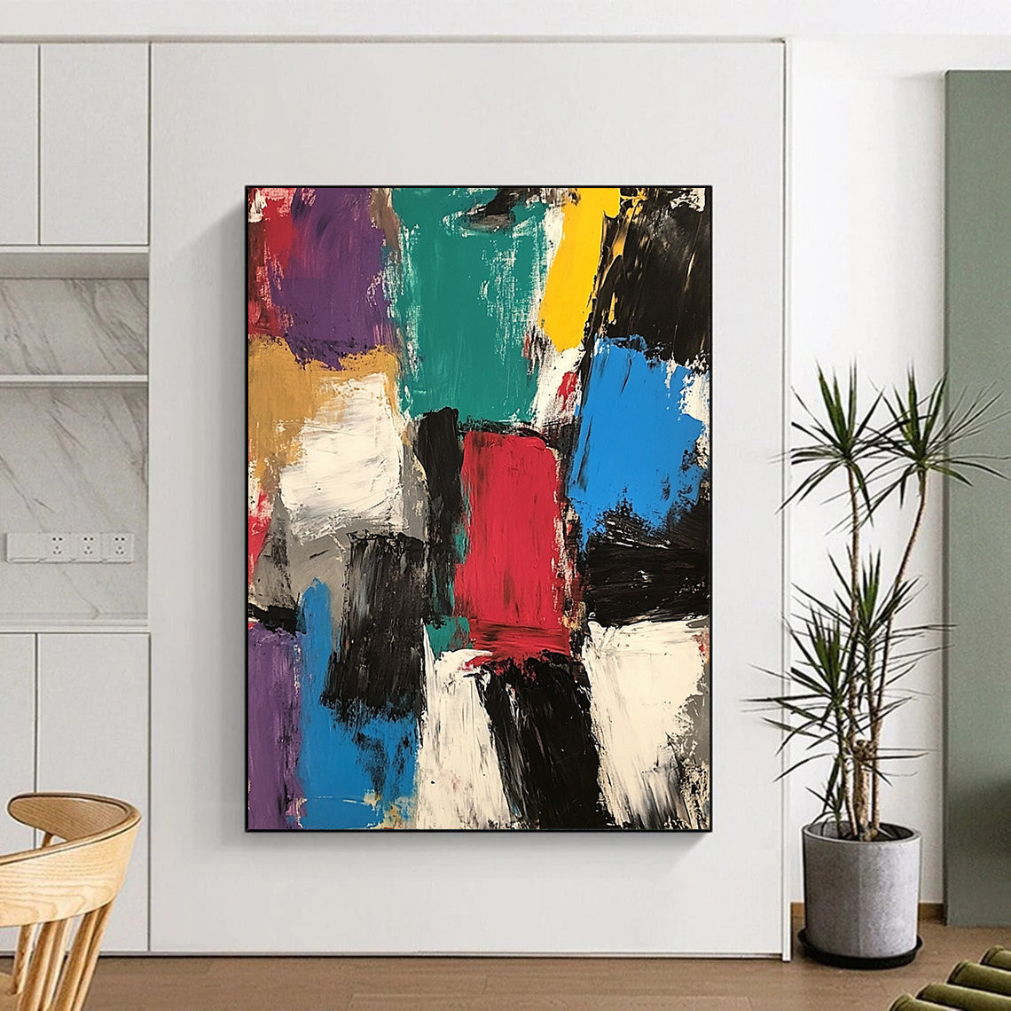 Large contemporary hand-painted abstract artwork featuring thick brush strokes and mixed media in vibrant colors, inspired by Jean Dubuffet's expressive style. DLZ0934