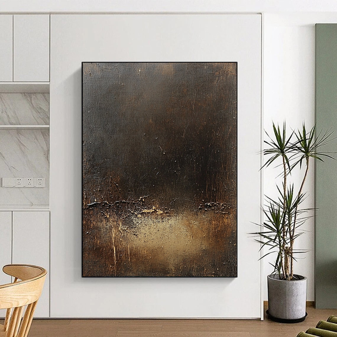 Contemporary abstract canvas art featuring a dark brown textured background subtle golden line and signs of wear enhancing its unique character. DLZ1571