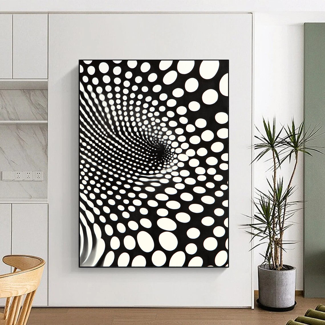 Black and White Dot Vortex "Optical Twist" Painting On Canvas HB254