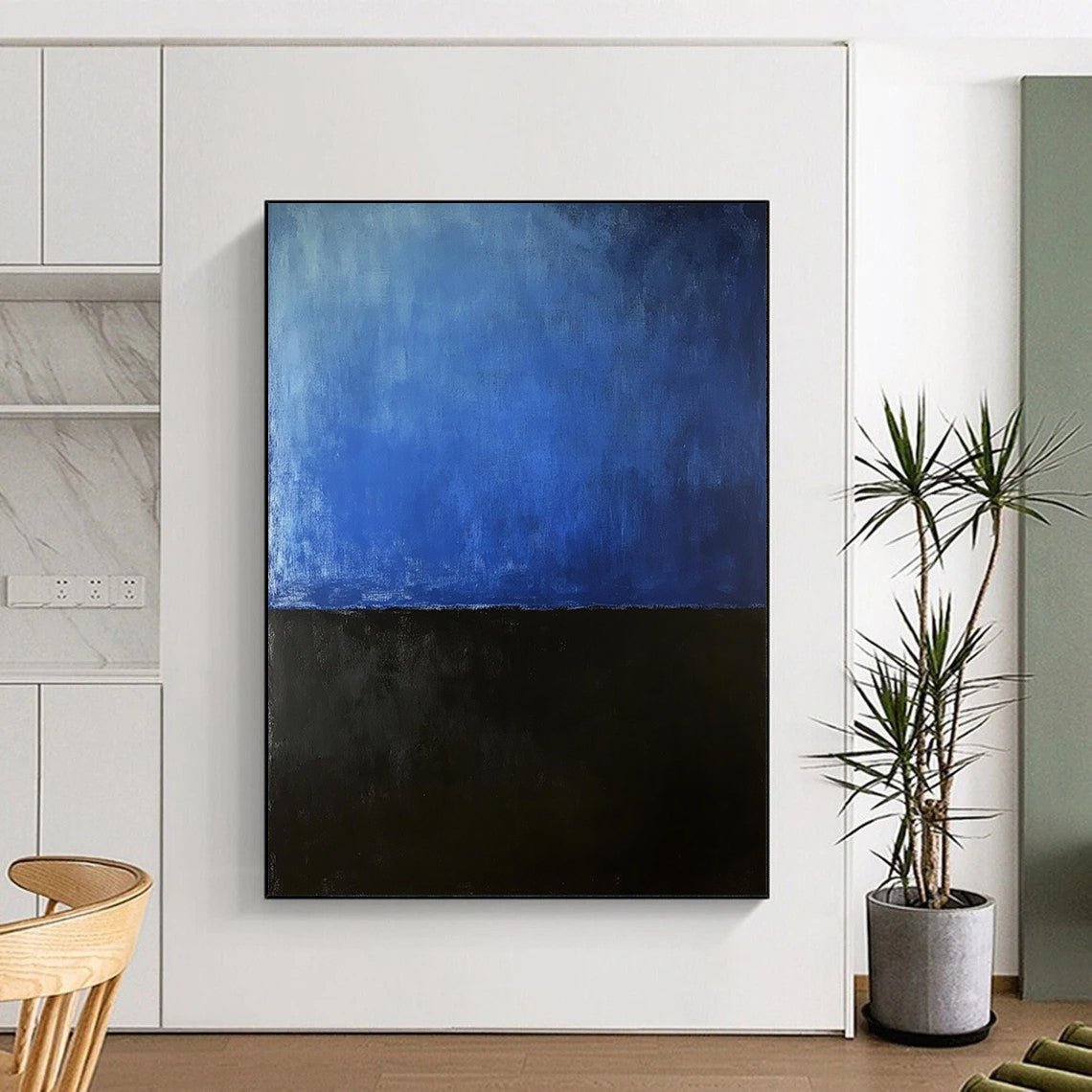 Contemporary hand-painted abstract artwork featuring dark navy and soft gradient sky-blue evokes mystery solitude and introspection. DLZ1592