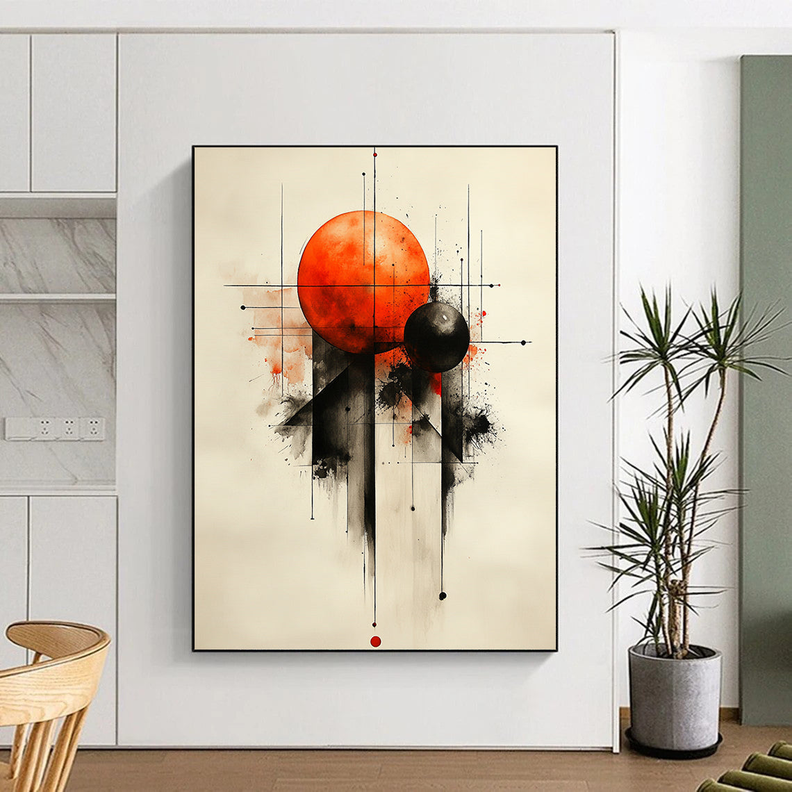 Contemporary abstract painting featuring geometric shapes with an orange sphere and black spheres on a textured white background. DLZ0857