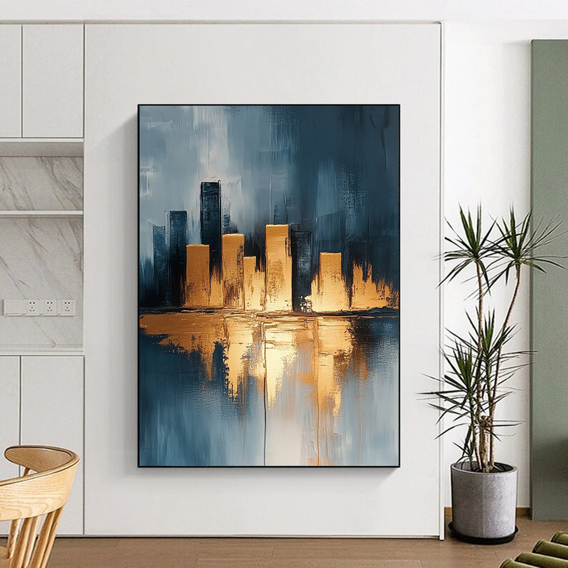 Contemporary hand-painted abstract artwork featuring a neutral urban cityscape with gold accents on canvas texture in vibrant UHD quality. DLZ0337