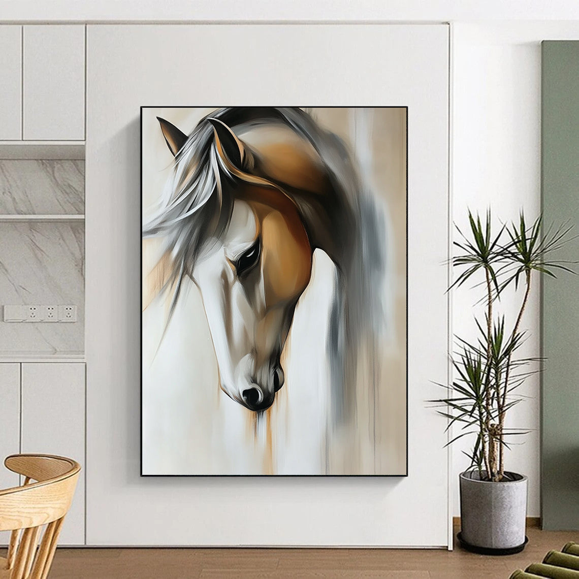Contemporary abstract painting featuring a close-up view of a horse in muted light gray and off-white tones on a beige background. DLZ1670