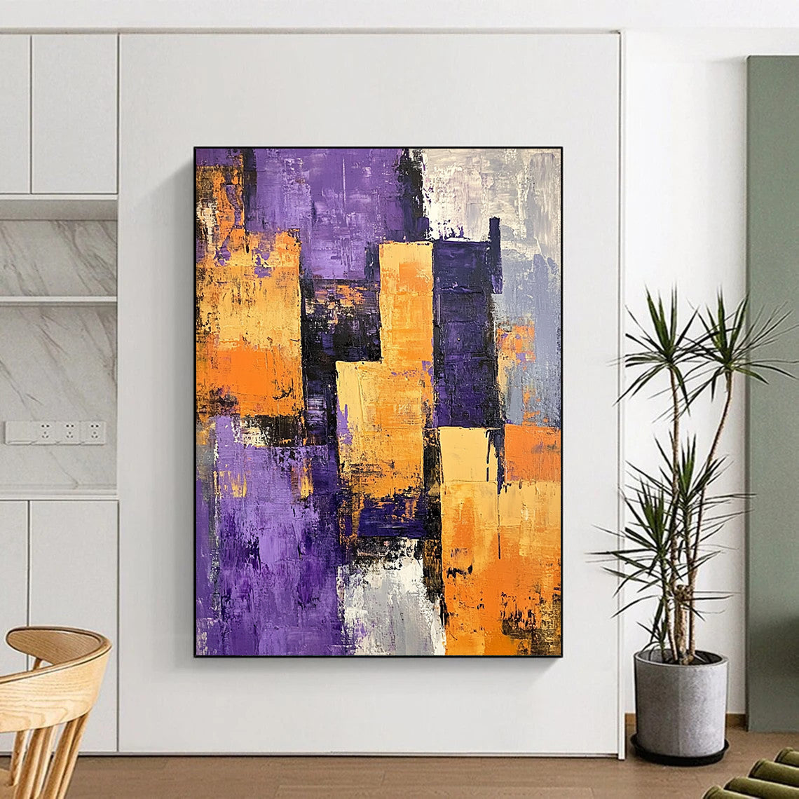 Contemporary abstract painting featuring a textured purple orange and grey cityscape with large buildings casting shadows across vibrant layers. DLZ0990