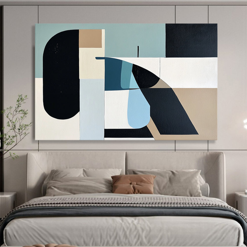 “Pastel Geometric Shapes” - Blue, Beige, Black, Abstract Forms - Mid - Century Acrylic Painting HB1492