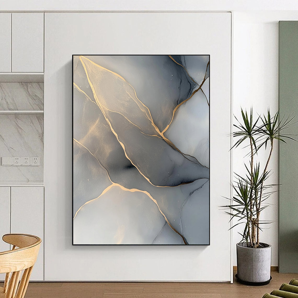 Gray, Gold, Veined Patterns "Marble Majesty" Abstract Painting On Canvas HB040